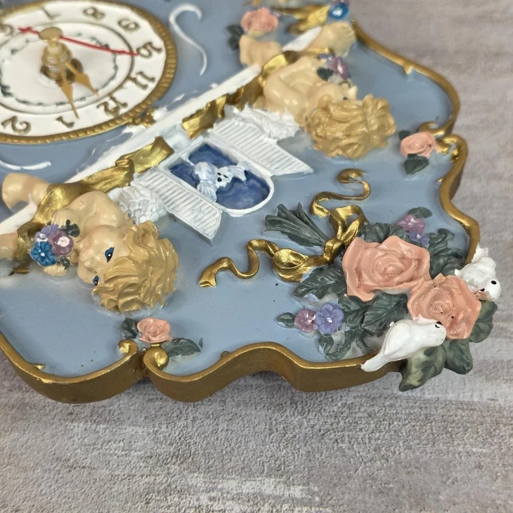 Vintage 3D Cherub Angel Cupid & Roses Hanging Chime Musical Wall Clock Works!